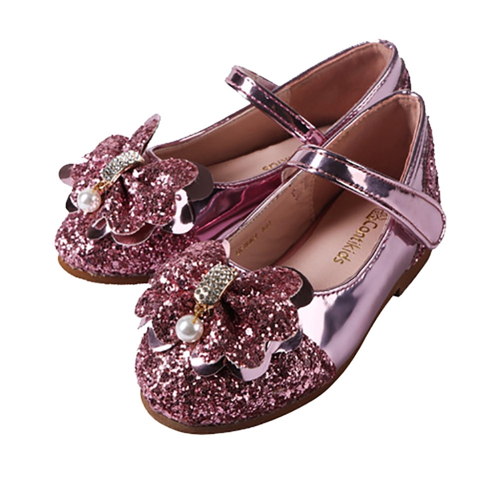 Girls Glitter Bow Mary Jane Pink Flat Dress Shoes